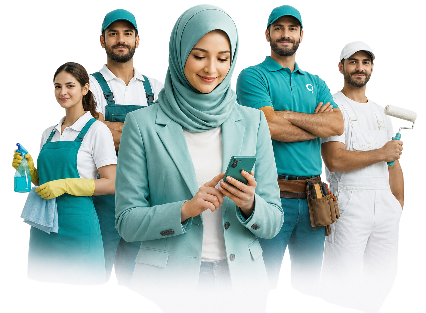 عميلة تستخدم مُعين على هاتفها، محاطة بمحترفي خدمات منزلية موثوقين